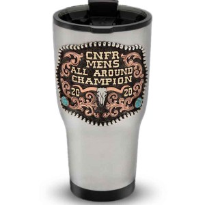 A custom tumbler made of stainless steel with a personalized engraved western decoration, featuring bronze lettering and a longhorn figure, 30 oz, ideal for coffee